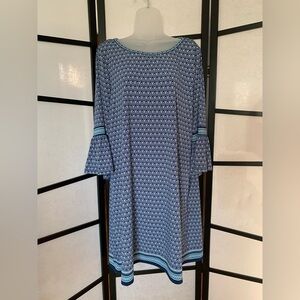 Max Studio 3/4 Bell Sleeved Blue & Teal Print Dress. Size XL Wrinkle Free! NWT